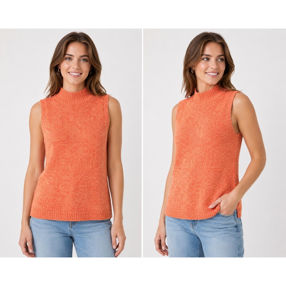Talbots Womens Orange Marled‎ Cotton Mock Neck Sleeveless Sweater Vest Size L
